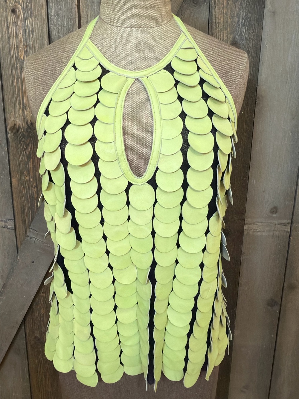 Leather Paillette Halter Top Neon Chartreuse Keyhole Festival Y2K Going out Top